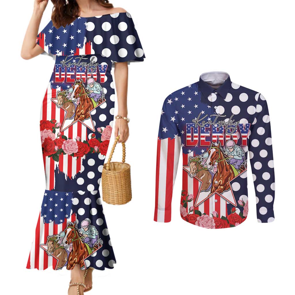 Kentucky Horses Racing Couples Matching Mermaid Dress and Long Sleeve Button Shirt US Flag Grunge and Dot Pattern Blue Color