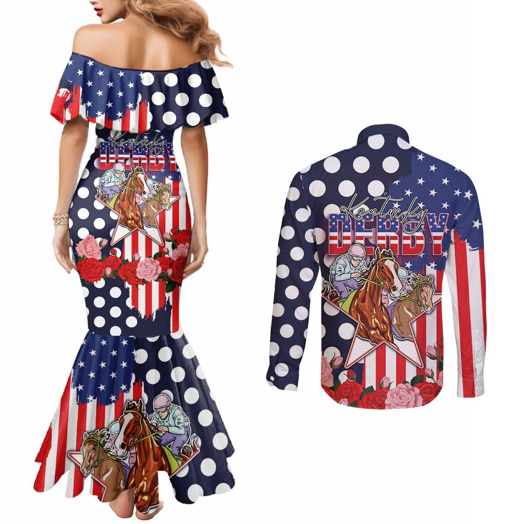 Kentucky Horses Racing Couples Matching Mermaid Dress and Long Sleeve Button Shirt US Flag Grunge and Dot Pattern Blue Color