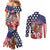 Kentucky Horses Racing Couples Matching Mermaid Dress and Long Sleeve Button Shirt US Flag Grunge and Dot Pattern Blue Color