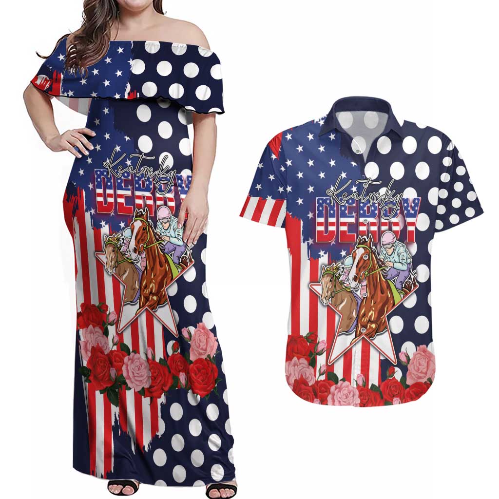 Kentucky Horses Racing Couples Matching Off Shoulder Maxi Dress and Hawaiian Shirt US Flag Grunge and Dot Pattern Blue Color