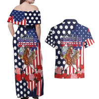 Kentucky Horses Racing Couples Matching Off Shoulder Maxi Dress and Hawaiian Shirt US Flag Grunge and Dot Pattern Blue Color