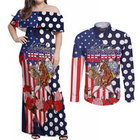 Kentucky Horses Racing Couples Matching Off Shoulder Maxi Dress and Long Sleeve Button Shirt US Flag Grunge and Dot Pattern Blue Color