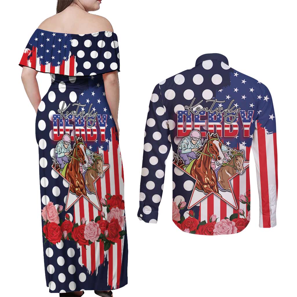 Kentucky Horses Racing Couples Matching Off Shoulder Maxi Dress and Long Sleeve Button Shirt US Flag Grunge and Dot Pattern Blue Color