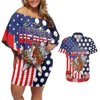 Kentucky Horses Racing Couples Matching Off Shoulder Short Dress and Hawaiian Shirt US Flag Grunge and Dot Pattern Blue Color