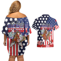 Kentucky Horses Racing Couples Matching Off Shoulder Short Dress and Hawaiian Shirt US Flag Grunge and Dot Pattern Blue Color