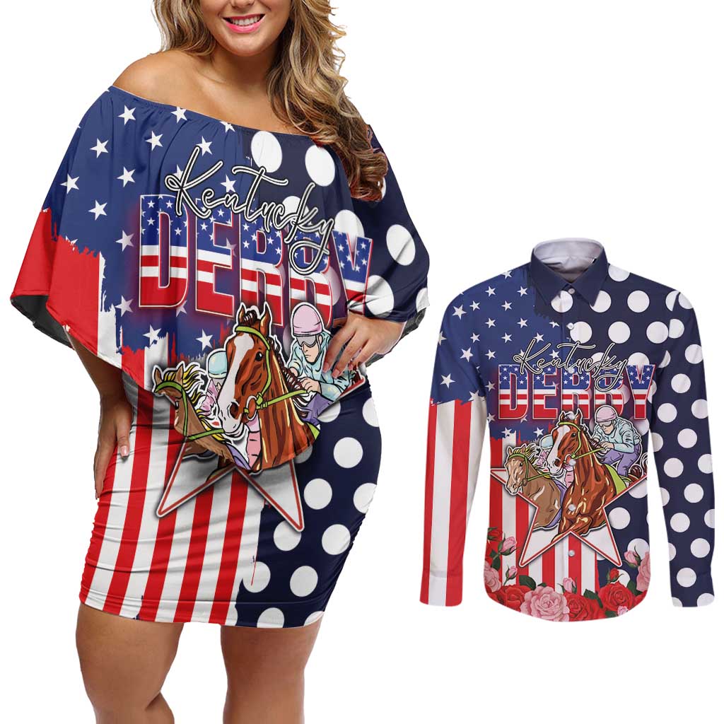 Kentucky Horses Racing Couples Matching Off Shoulder Short Dress and Long Sleeve Button Shirt US Flag Grunge and Dot Pattern Blue Color