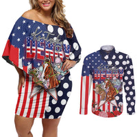 Kentucky Horses Racing Couples Matching Off Shoulder Short Dress and Long Sleeve Button Shirt US Flag Grunge and Dot Pattern Blue Color