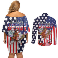 Kentucky Horses Racing Couples Matching Off Shoulder Short Dress and Long Sleeve Button Shirt US Flag Grunge and Dot Pattern Blue Color