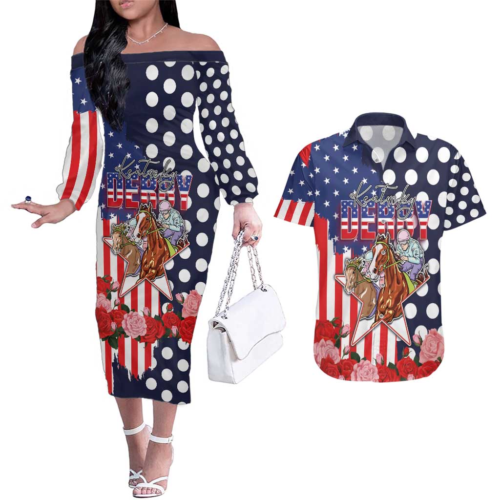 Kentucky Horses Racing Couples Matching Off The Shoulder Long Sleeve Dress and Hawaiian Shirt US Flag Grunge and Dot Pattern Blue Color