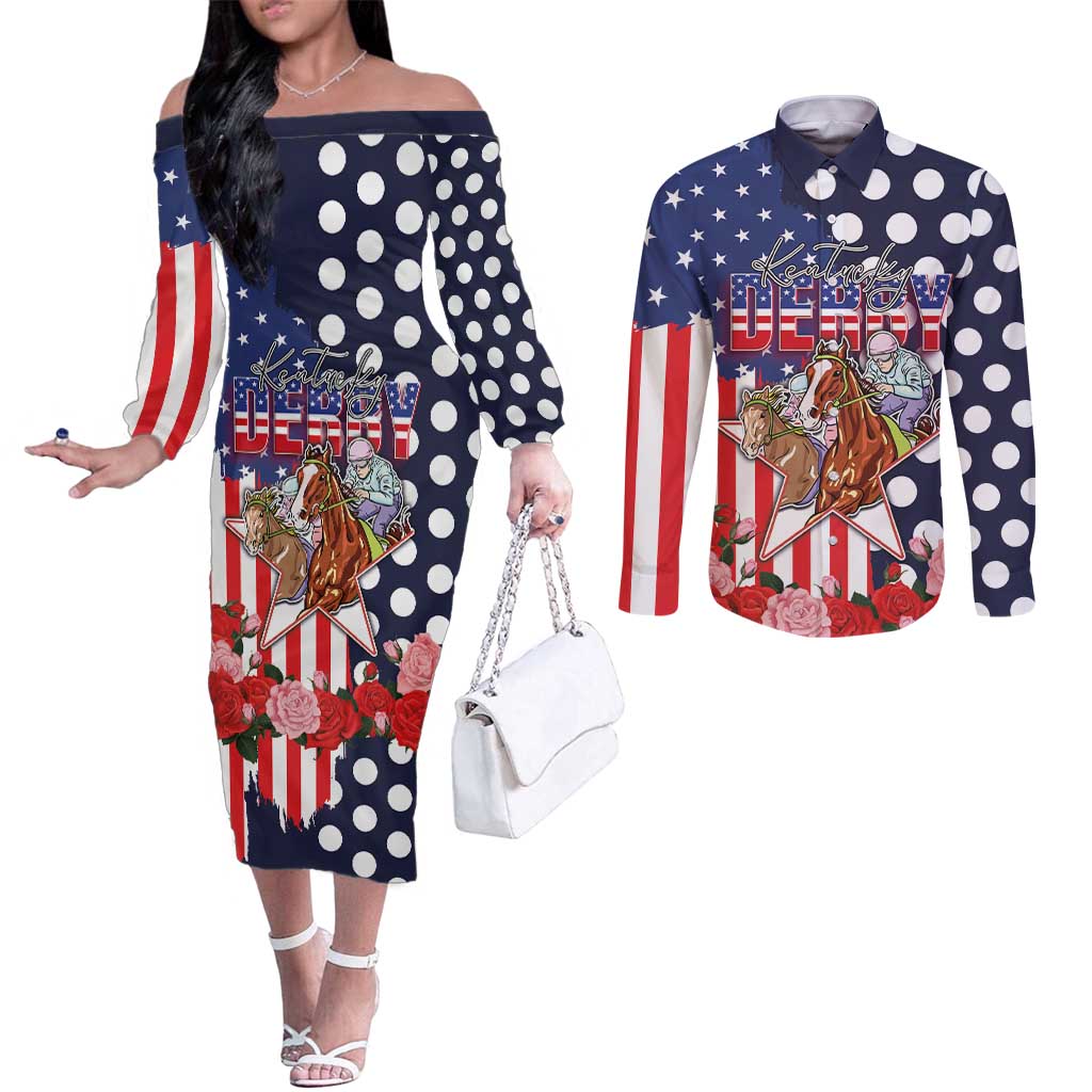 Kentucky Horses Racing Couples Matching Off The Shoulder Long Sleeve Dress and Long Sleeve Button Shirt US Flag Grunge and Dot Pattern Blue Color