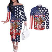 Kentucky Horses Racing Couples Matching Off The Shoulder Long Sleeve Dress and Long Sleeve Button Shirt US Flag Grunge and Dot Pattern Blue Color