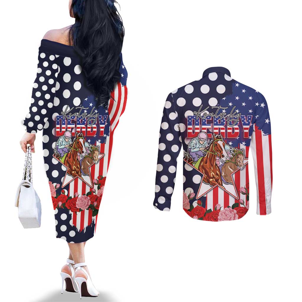 Kentucky Horses Racing Couples Matching Off The Shoulder Long Sleeve Dress and Long Sleeve Button Shirt US Flag Grunge and Dot Pattern Blue Color