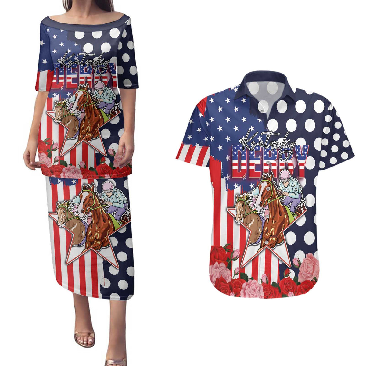 Kentucky Horses Racing Couples Matching Puletasi and Hawaiian Shirt US Flag Grunge and Dot Pattern Blue Color