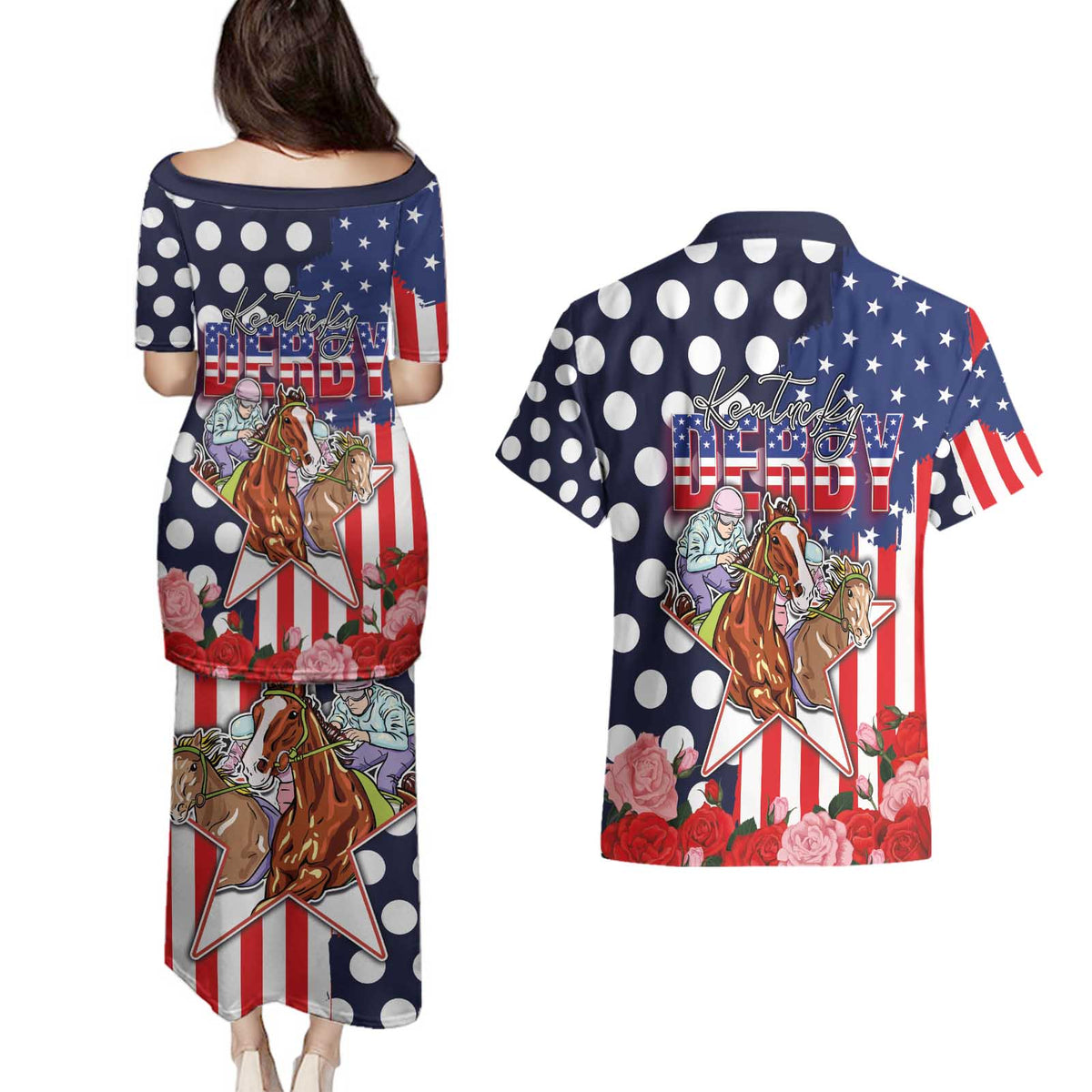 Kentucky Horses Racing Couples Matching Puletasi and Hawaiian Shirt US Flag Grunge and Dot Pattern Blue Color