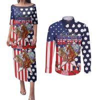 Kentucky Horses Racing Couples Matching Puletasi and Long Sleeve Button Shirt US Flag Grunge and Dot Pattern Blue Color