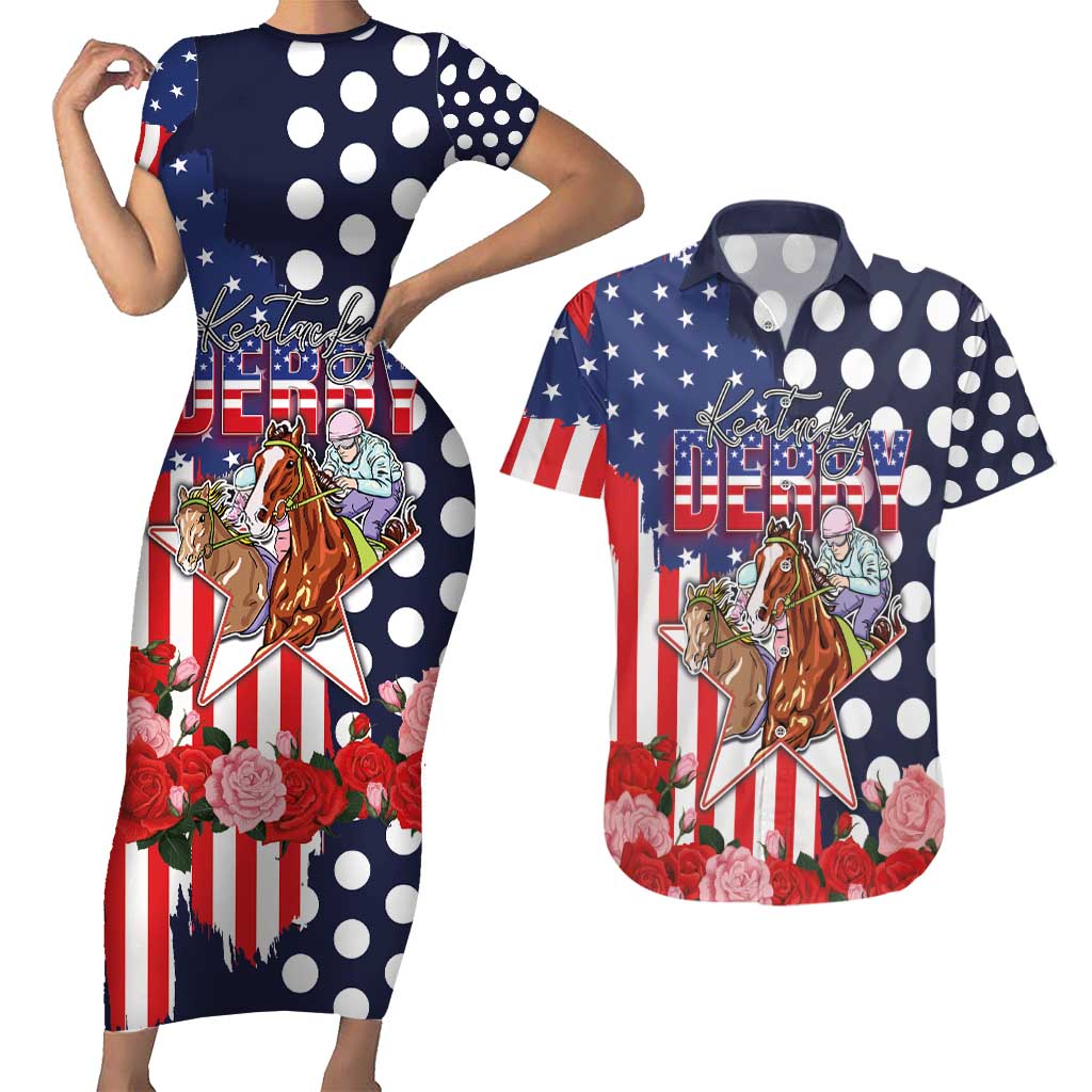 Kentucky Horses Racing Couples Matching Short Sleeve Bodycon Dress and Hawaiian Shirt US Flag Grunge and Dot Pattern Blue Color