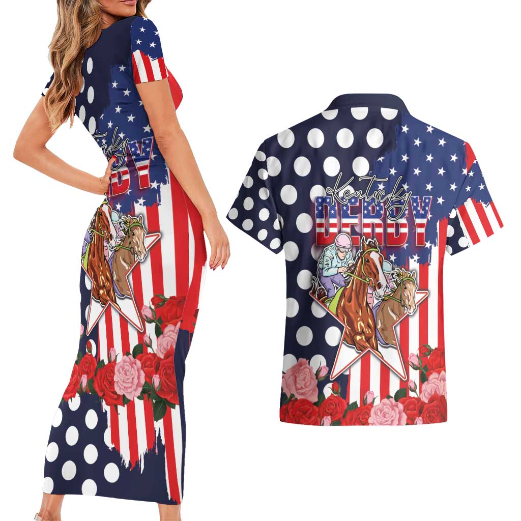 Kentucky Horses Racing Couples Matching Short Sleeve Bodycon Dress and Hawaiian Shirt US Flag Grunge and Dot Pattern Blue Color