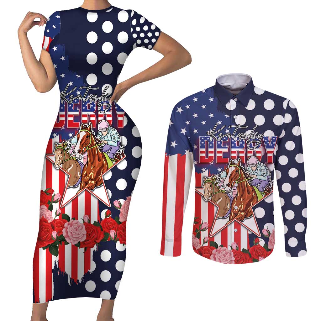 Kentucky Horses Racing Couples Matching Short Sleeve Bodycon Dress and Long Sleeve Button Shirt US Flag Grunge and Dot Pattern Blue Color
