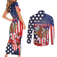 Kentucky Horses Racing Couples Matching Short Sleeve Bodycon Dress and Long Sleeve Button Shirt US Flag Grunge and Dot Pattern Blue Color