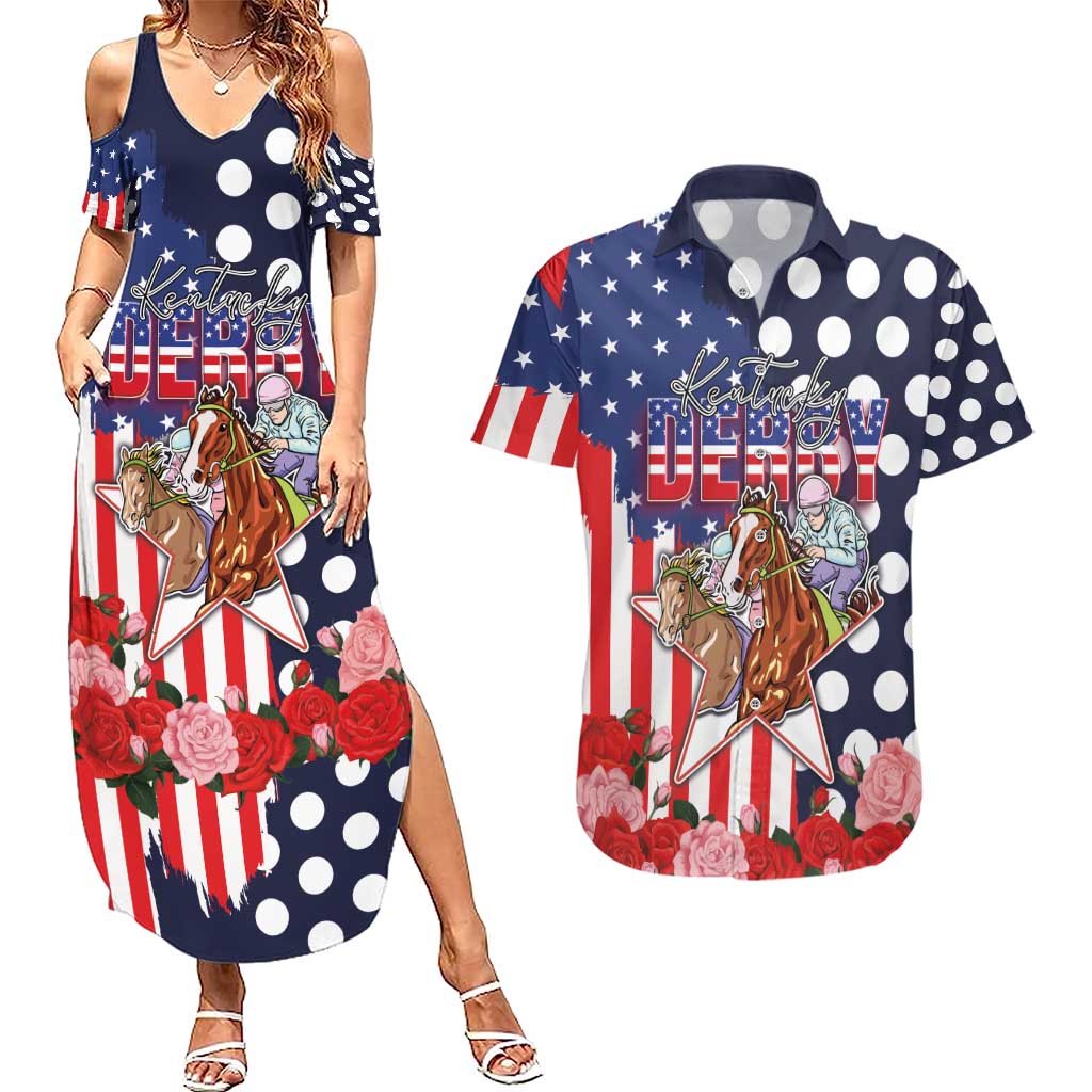 Kentucky Horses Racing Couples Matching Summer Maxi Dress and Hawaiian Shirt US Flag Grunge and Dot Pattern Blue Color