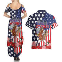 Kentucky Horses Racing Couples Matching Summer Maxi Dress and Hawaiian Shirt US Flag Grunge and Dot Pattern Blue Color