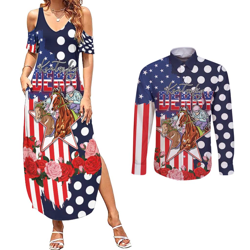 Kentucky Horses Racing Couples Matching Summer Maxi Dress and Long Sleeve Button Shirt US Flag Grunge and Dot Pattern Blue Color
