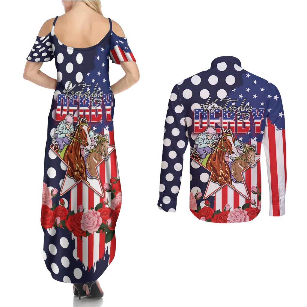 Kentucky Horses Racing Couples Matching Summer Maxi Dress and Long Sleeve Button Shirt US Flag Grunge and Dot Pattern Blue Color
