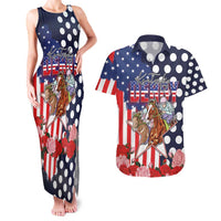 Kentucky Horses Racing Couples Matching Tank Maxi Dress and Hawaiian Shirt US Flag Grunge and Dot Pattern Blue Color