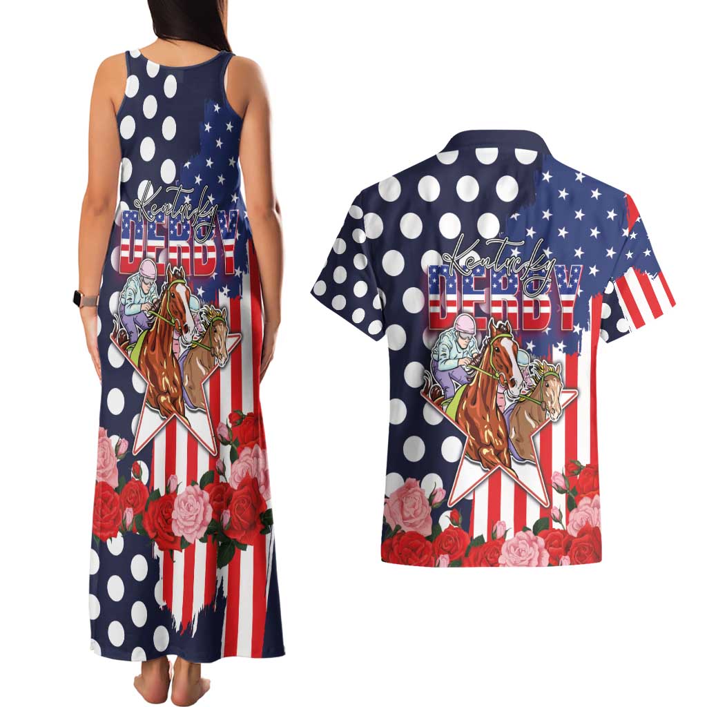 Kentucky Horses Racing Couples Matching Tank Maxi Dress and Hawaiian Shirt US Flag Grunge and Dot Pattern Blue Color