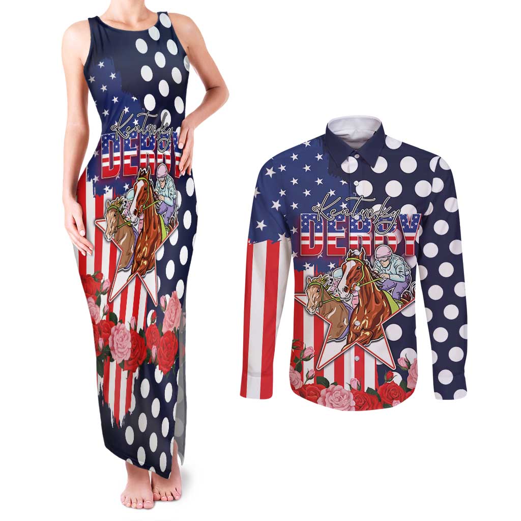 Kentucky Horses Racing Couples Matching Tank Maxi Dress and Long Sleeve Button Shirt US Flag Grunge and Dot Pattern Blue Color