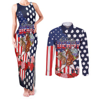 Kentucky Horses Racing Couples Matching Tank Maxi Dress and Long Sleeve Button Shirt US Flag Grunge and Dot Pattern Blue Color