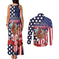 Kentucky Horses Racing Couples Matching Tank Maxi Dress and Long Sleeve Button Shirt US Flag Grunge and Dot Pattern Blue Color