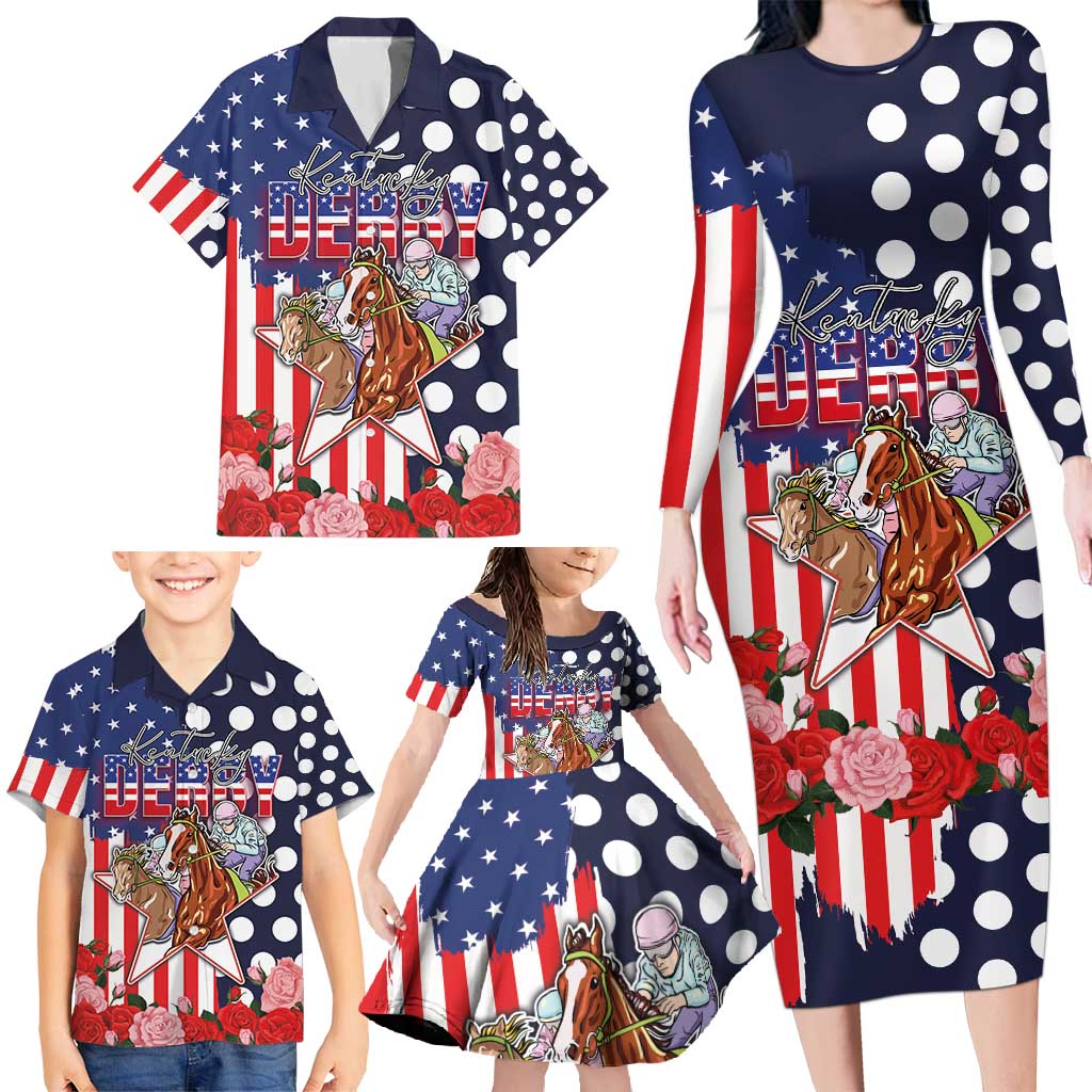 Kentucky Horses Racing Family Matching Long Sleeve Bodycon Dress and Hawaiian Shirt US Flag Grunge and Dot Pattern Blue Color