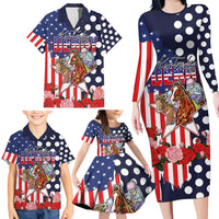 Kentucky Horses Racing Family Matching Long Sleeve Bodycon Dress and Hawaiian Shirt US Flag Grunge and Dot Pattern Blue Color