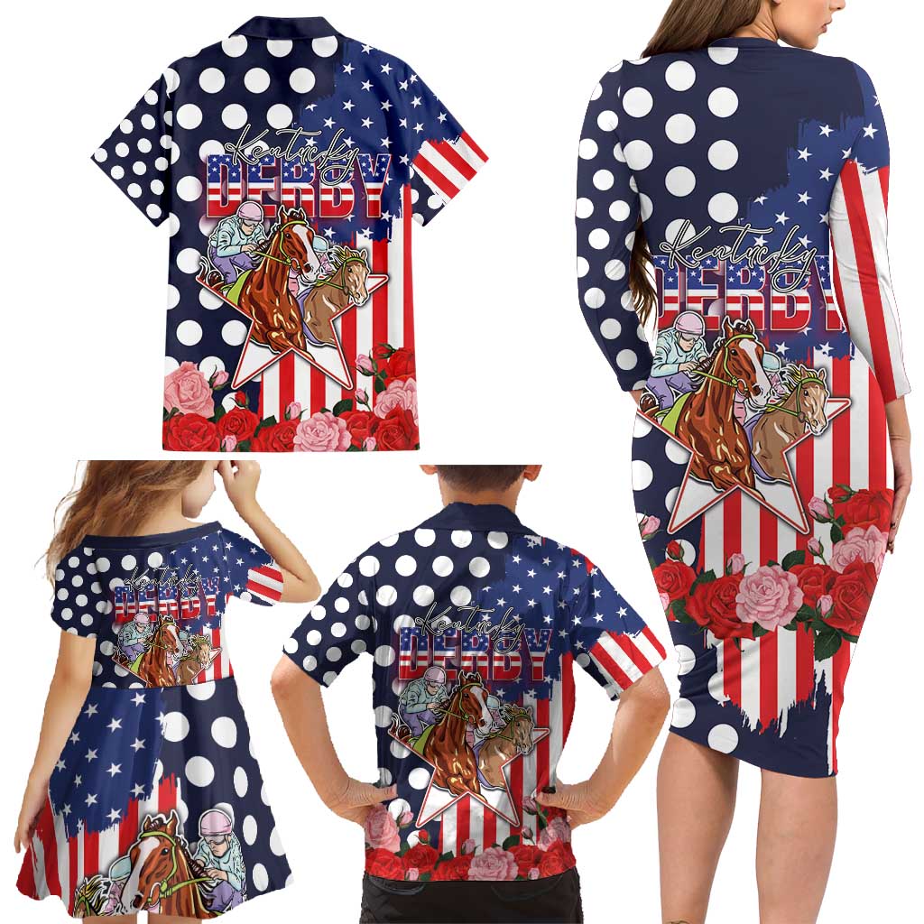 Kentucky Horses Racing Family Matching Long Sleeve Bodycon Dress and Hawaiian Shirt US Flag Grunge and Dot Pattern Blue Color