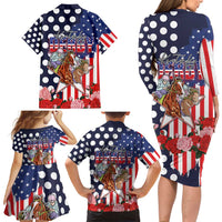 Kentucky Horses Racing Family Matching Long Sleeve Bodycon Dress and Hawaiian Shirt US Flag Grunge and Dot Pattern Blue Color