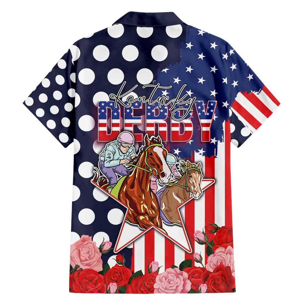 Kentucky Horses Racing Family Matching Long Sleeve Bodycon Dress and Hawaiian Shirt US Flag Grunge and Dot Pattern Blue Color