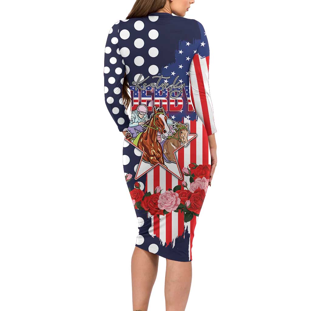 Kentucky Horses Racing Family Matching Long Sleeve Bodycon Dress and Hawaiian Shirt US Flag Grunge and Dot Pattern Blue Color