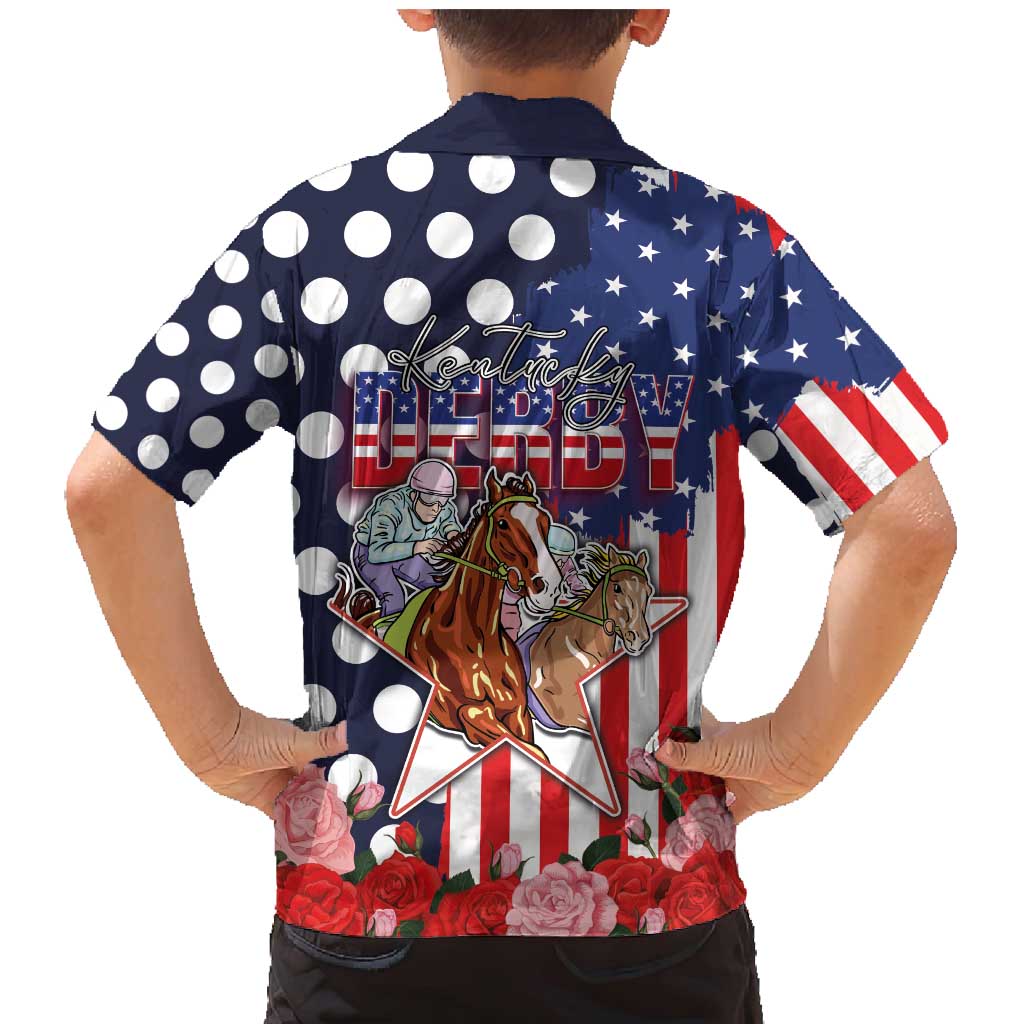 Kentucky Horses Racing Family Matching Mermaid Dress and Hawaiian Shirt US Flag Grunge and Dot Pattern Blue Color