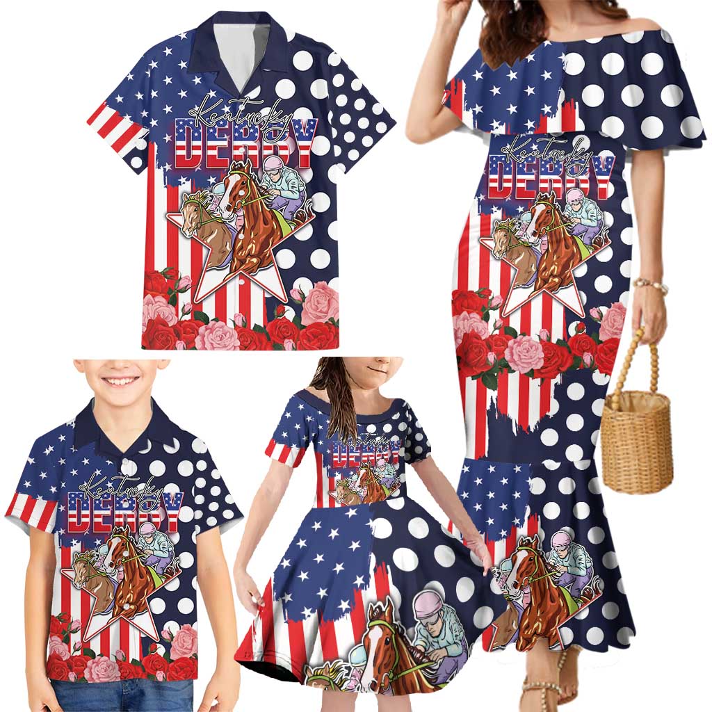 Kentucky Horses Racing Family Matching Mermaid Dress and Hawaiian Shirt US Flag Grunge and Dot Pattern Blue Color