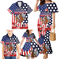 Kentucky Horses Racing Family Matching Mermaid Dress and Hawaiian Shirt US Flag Grunge and Dot Pattern Blue Color