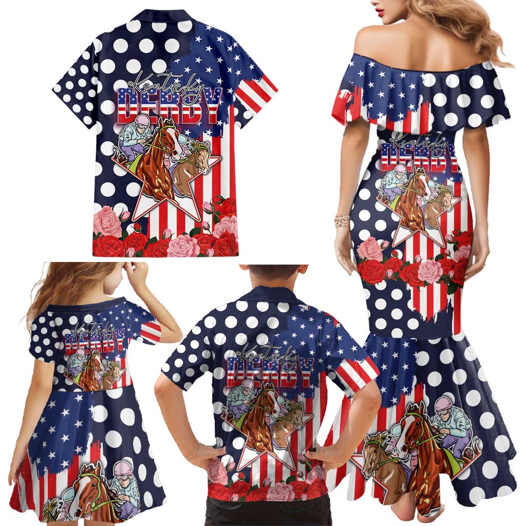 Kentucky Horses Racing Family Matching Mermaid Dress and Hawaiian Shirt US Flag Grunge and Dot Pattern Blue Color