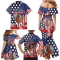 Kentucky Horses Racing Family Matching Mermaid Dress and Hawaiian Shirt US Flag Grunge and Dot Pattern Blue Color