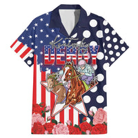 Kentucky Horses Racing Family Matching Mermaid Dress and Hawaiian Shirt US Flag Grunge and Dot Pattern Blue Color