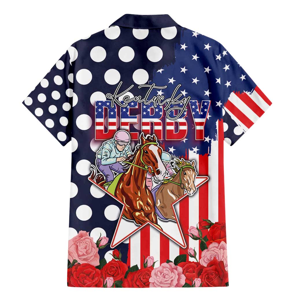 Kentucky Horses Racing Family Matching Mermaid Dress and Hawaiian Shirt US Flag Grunge and Dot Pattern Blue Color