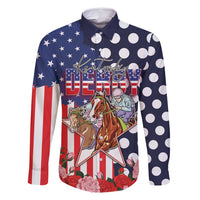 Kentucky Horses Racing Family Matching Mermaid Dress and Hawaiian Shirt US Flag Grunge and Dot Pattern Blue Color