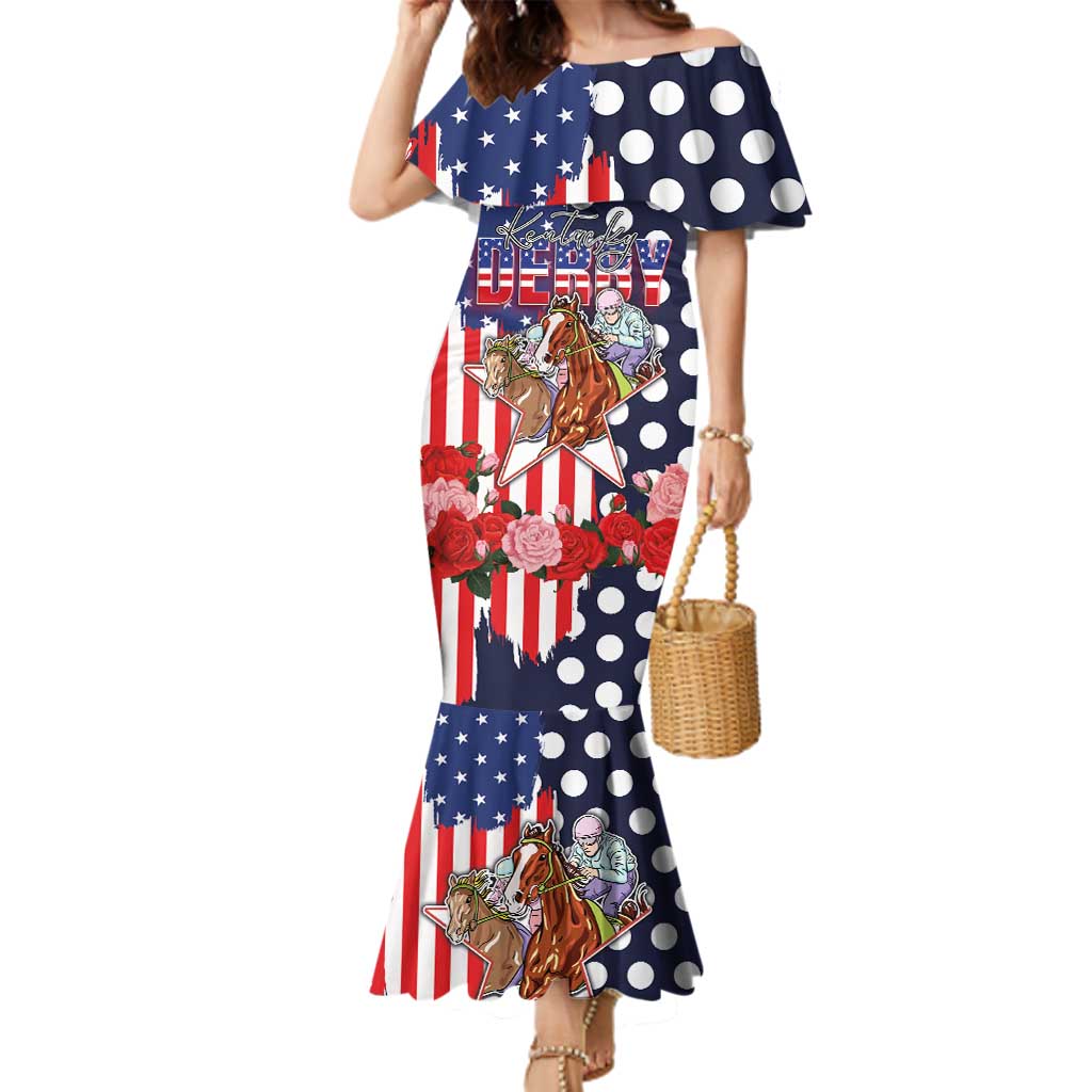 Kentucky Horses Racing Family Matching Mermaid Dress and Hawaiian Shirt US Flag Grunge and Dot Pattern Blue Color