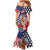 Kentucky Horses Racing Family Matching Mermaid Dress and Hawaiian Shirt US Flag Grunge and Dot Pattern Blue Color