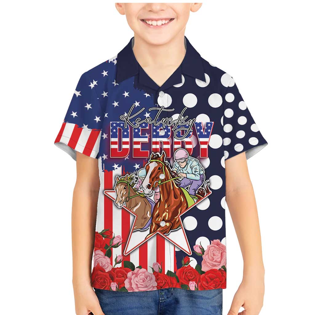 Kentucky Horses Racing Family Matching Mermaid Dress and Hawaiian Shirt US Flag Grunge and Dot Pattern Blue Color