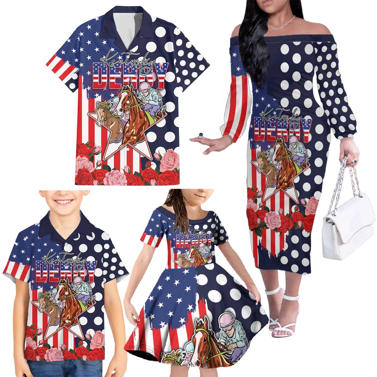 Kentucky Horses Racing Family Matching Off The Shoulder Long Sleeve Dress and Hawaiian Shirt US Flag Grunge and Dot Pattern Blue Color